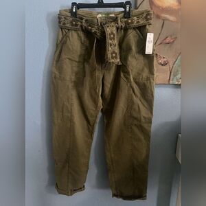 Anthropologie Green Cargo Pants High-Waisted Cotton